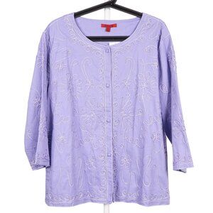 Joni B Jacket Blouse XL Womens Violet Embroidered Swirl Button Front 3/4 Sleeve